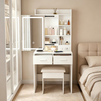 Small Makeup Vanity, With Adjustable LED Lighted Mirror, Built-In Power Outlet, Hidden Storage, Padded Stool And Shelf, For Bedroom, Home Use, White