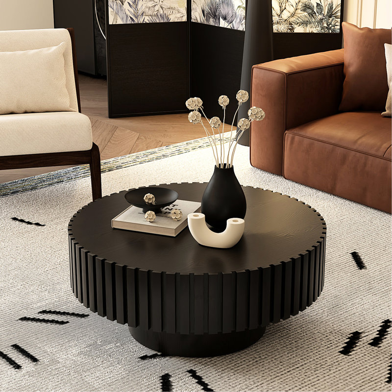 Table basse ronde en bois avec relief - base pour salon, Noir