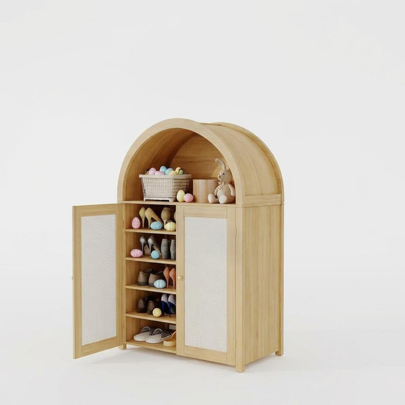 47.8" Arched Shoe Cabinet with Doors & Shelves, 5-Tier Rattan Shoes Rack Organizer Cabinet with Adjustable Shelves for Entryway, Hallway, Closet, Living Room