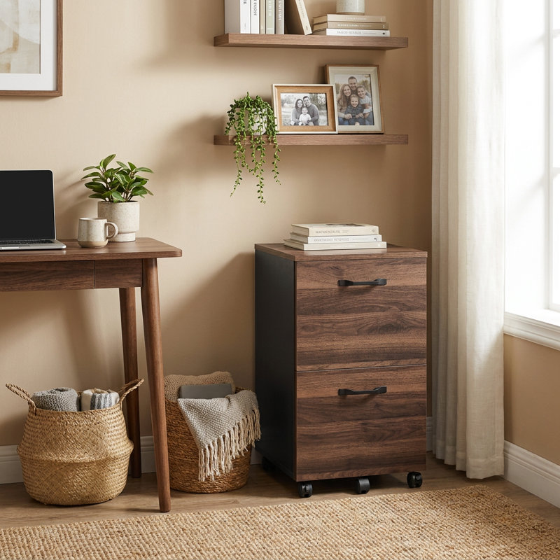 Cambrie 16.7" W 2-Drawer Mobile Vertical Filing Cabinet, Natural Walnut/Black