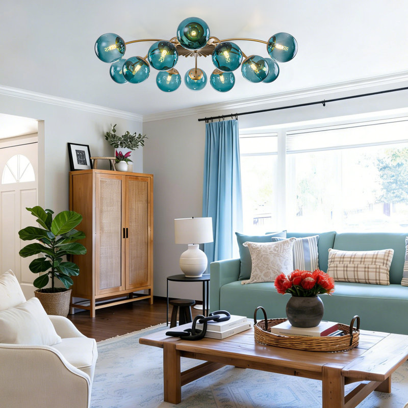 Navy Blue Glass Globe Blossom Flush Mount Ceiling Light, 12