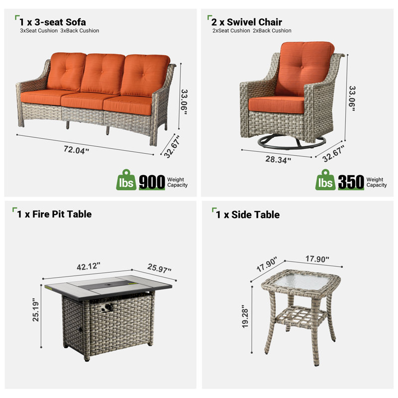 Ensemble de conversation d'extérieur en osier pour 5 personnes, canapé de patio et fauteuil pivotant avec foyer et coussins Emanuell