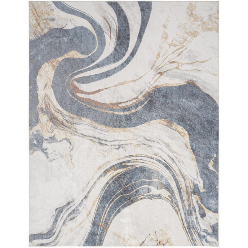Nourison Astra Machine Washable Ivory Blue Modern Indoor Rug, Rectangle 6'7" x 9'