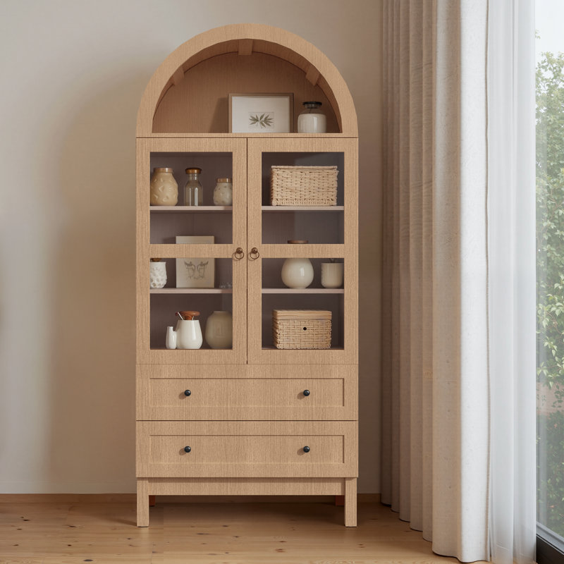 Garde-manger arqué de 71 po de hauteur, armoire de rangement avec portes en verre, 2 grands tiroirs et 3 tablettes réglables, style campagne moderne pour les cuisines, les petites maisons et les appartements