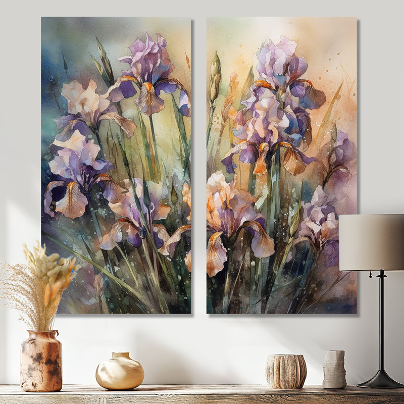 Mauve, vert, iris sauvage II - grands iris, impressions sur toile, H 40 po x l 40 po, Toile tendue, Ne s’applique pas