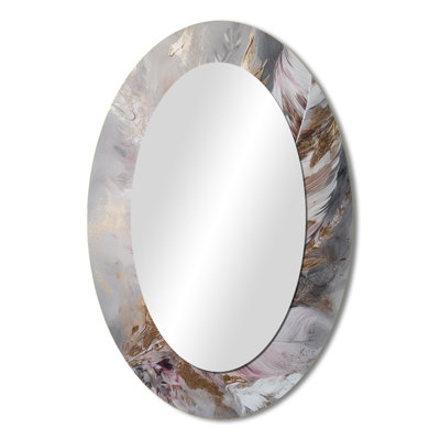 Pink Feather Boho Majesty I - Floral Oval Decorative Mirror On Metal