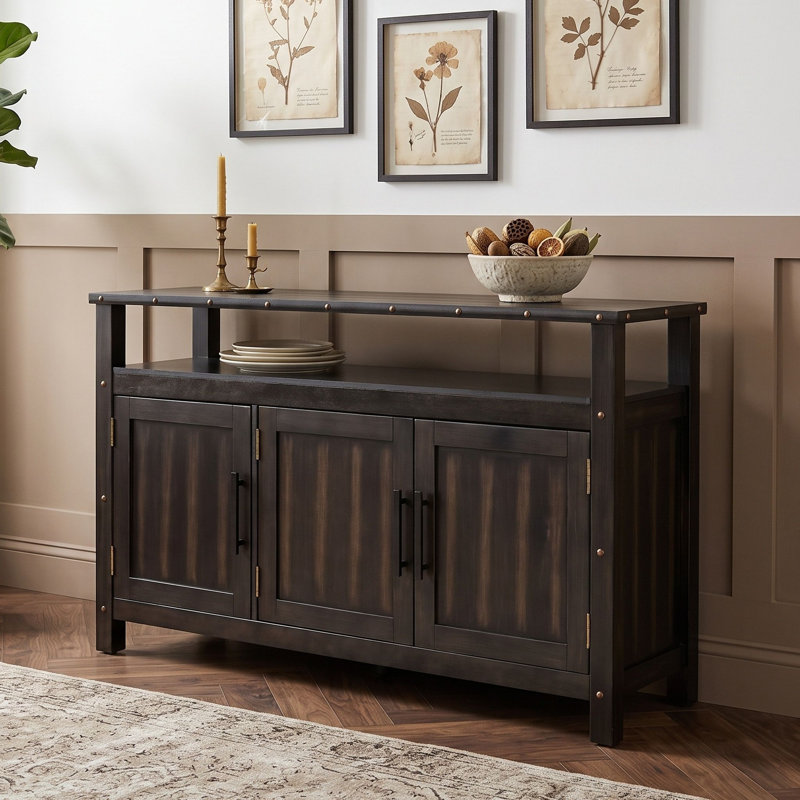 Buffet en bois à 3 portes avec tablette ouverte, pieds réglables et pied de support central, Noir