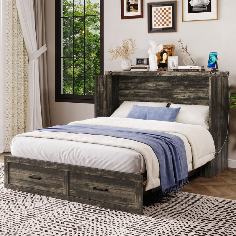 Lit plateforme multi-fonctionnel pliable avec tiroir, Gris, Grand
