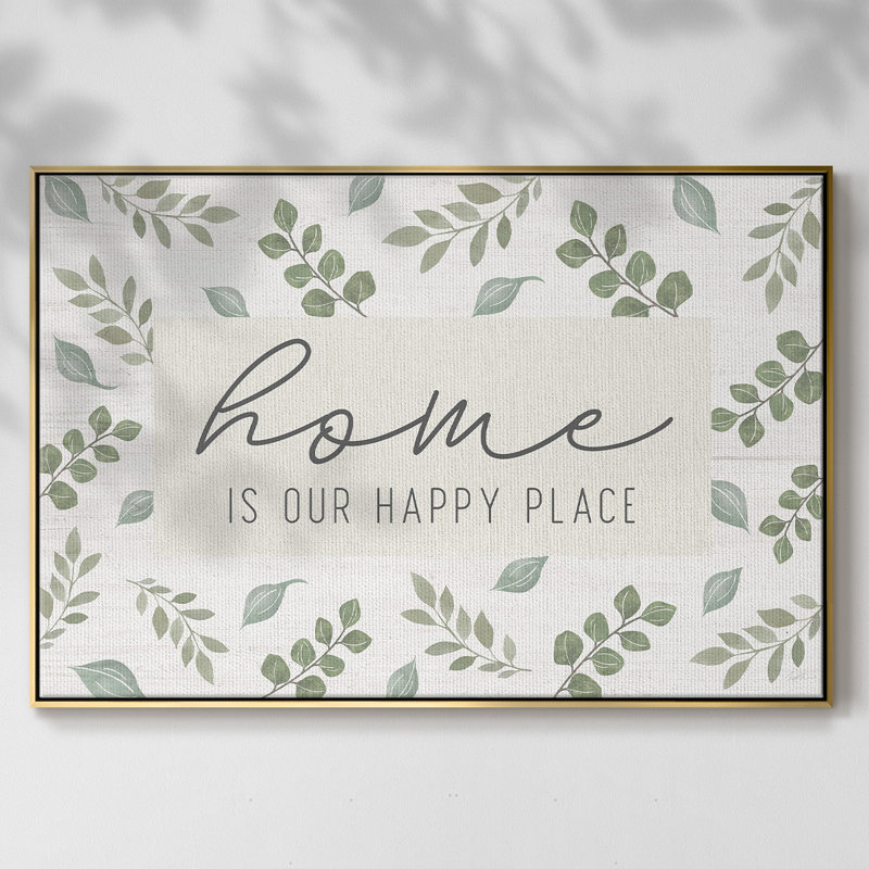 "Home is our happy place", art textuel sur toile, H 27 po x l 41 po x P 2 po, Or