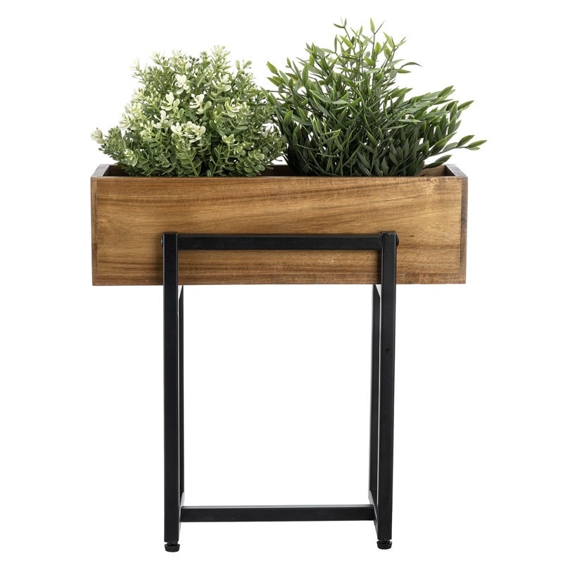 15 Inch Indoor Wood Planter Pot with Black Stand