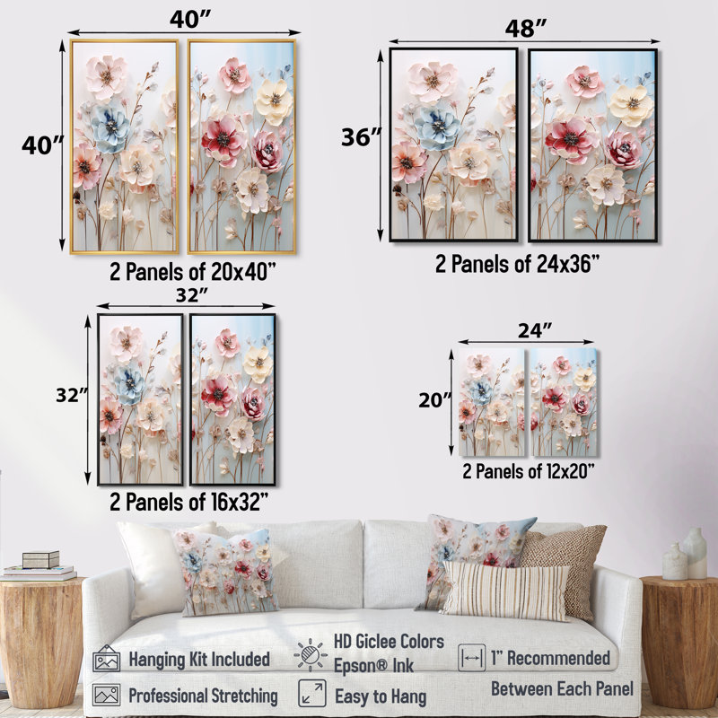 «White and Pink Floral Wonderland», art mural blanc 2 pièces, 20" H x 24" W, Impression encadrée flottante, Cream