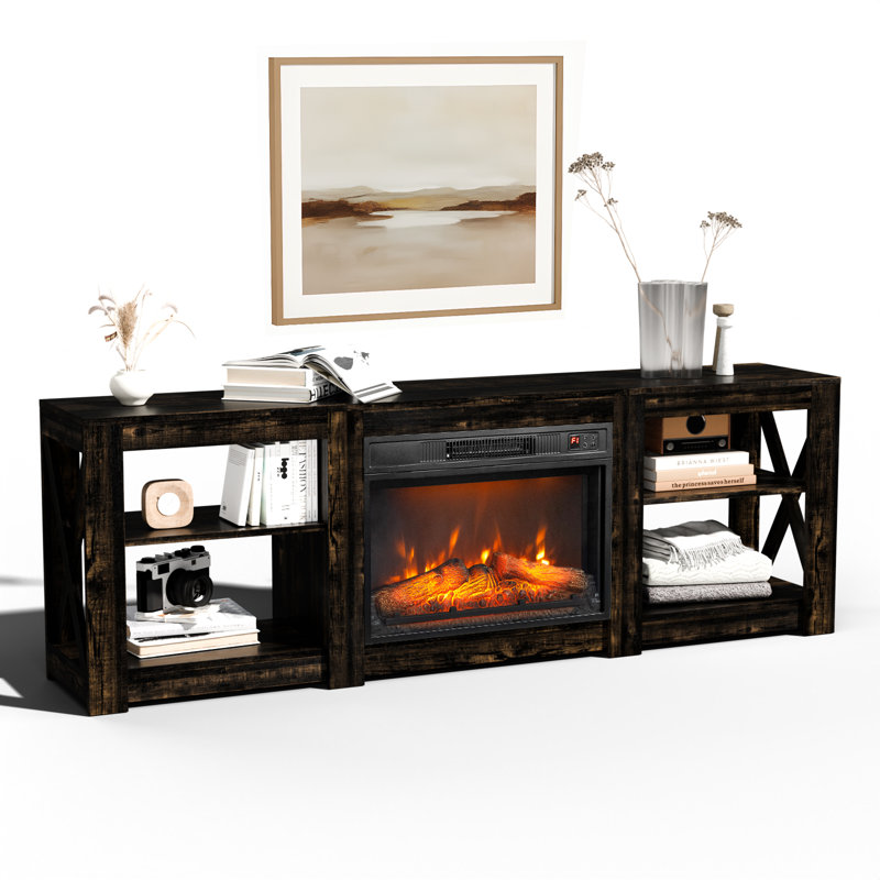 Farmhouse 70'' TV Stand For Tvs Up To 70'' With 23'' Electric Fireplace And Adjustable Shelves, Black