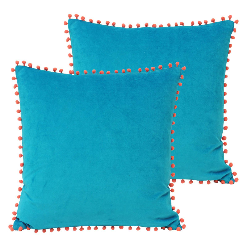 Velvet Pom Pom Cushion Twin Pack, Teal/Coral, Feathers