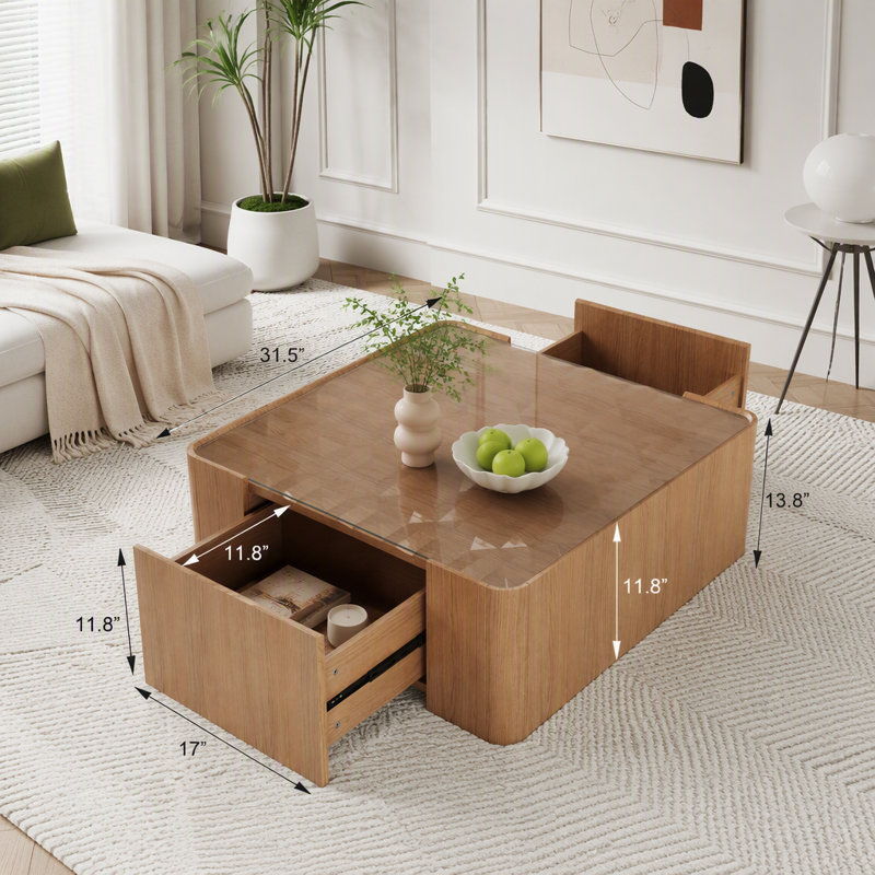 Table basse carrée avec dessus en verre et tiroirs, L 31,5 po, Noyer naturel