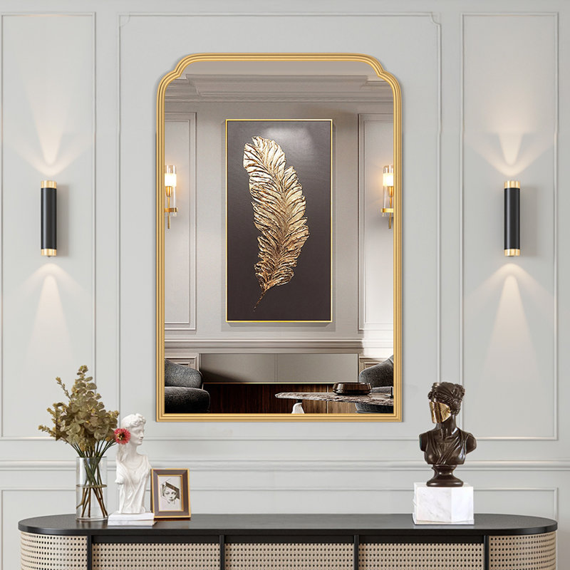 Modern Rounded Corner Rectangle Bathroom Vanity Mirror for Over Sink Framed French Cleat Mounted Wall Mirror, Gold, 36" x 24"