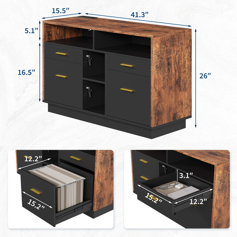 Classeur latéral à 4 tiroirs, station de chargement USB et verrou, support pour imprimante, noyer Mid-Century