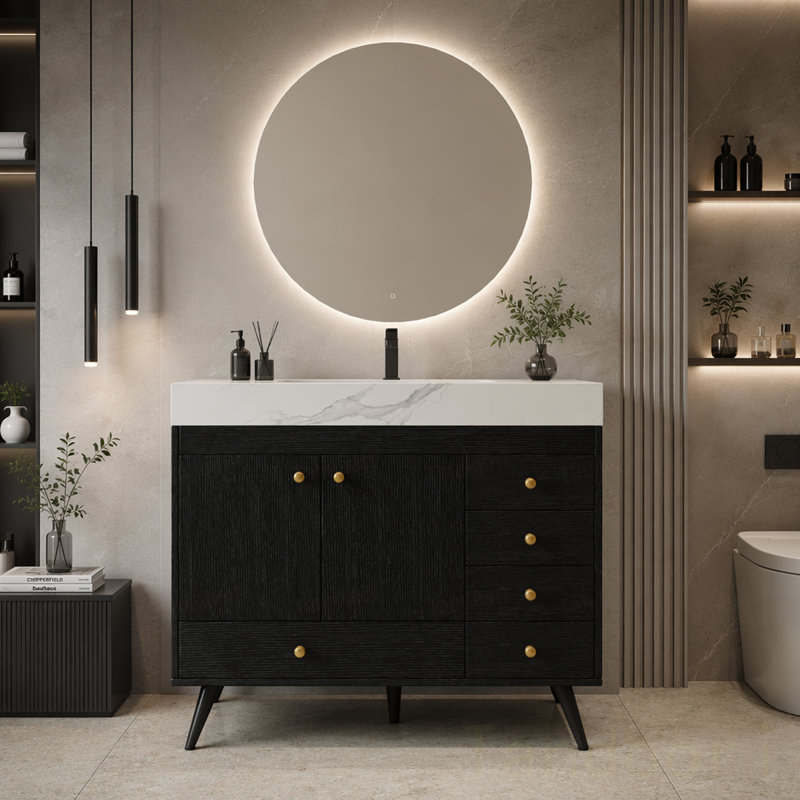 Meuble-lavabo autoportant avec comptoir en faux marbre, lavabo en céramique, 5 tiroirs et pieds en acier inoxydable, Black