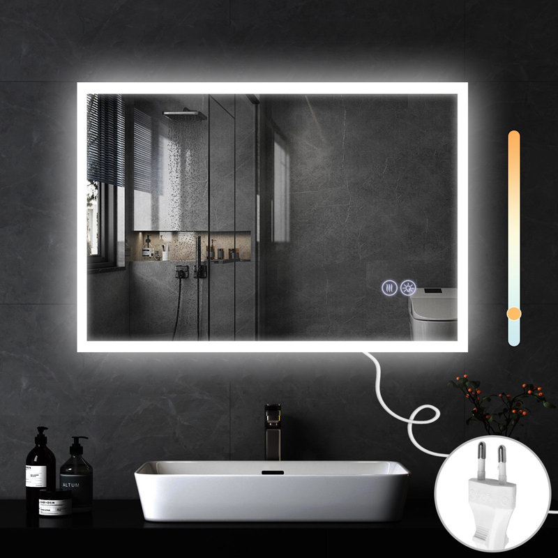 Bathroom mirror round touch with lighting dimmable 3000K-6500K wall mirror, 60 cm H x 100 cm W