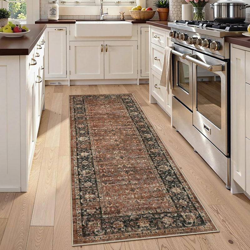 2x6 Floral Kitchen Rug – Washable, Non-Slip, Low Pile, Distressed Print Runner for Hallway, Bathroom, Laundry (Beige)