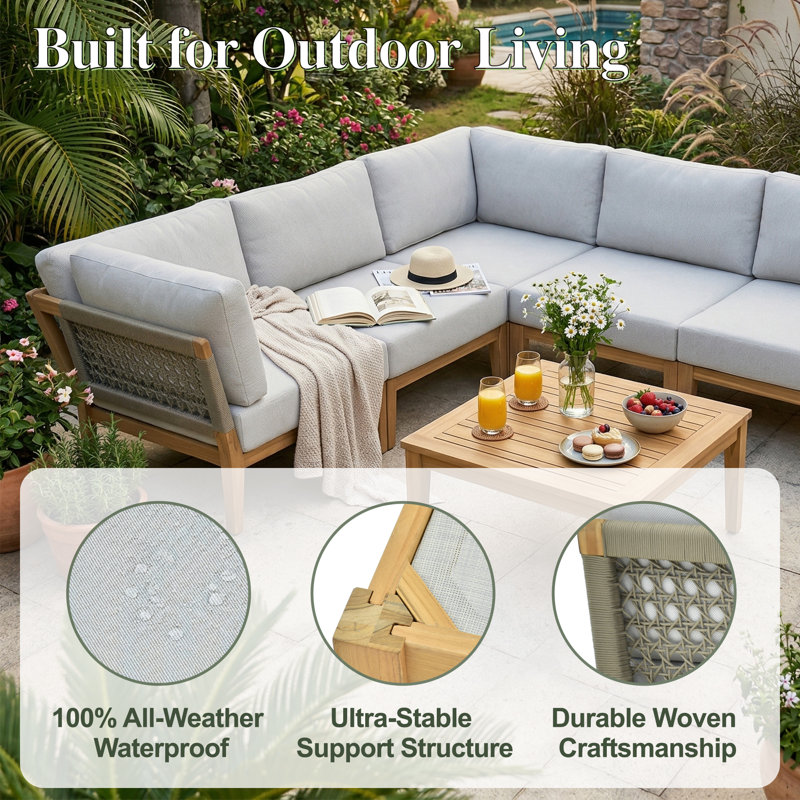Solterra 6-Piece Outdoor Corner Sofa Set – Soft Cushions & Teak Table