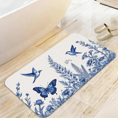 Tapis de bain bleu à motif floral pour oiseaux, 20 x 32 po, pour salle de bain, salon