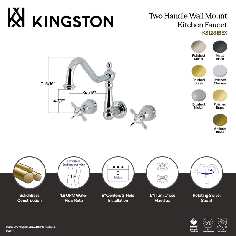 Kingston Brass Bel-Air Double-Handle 3-Hole Wall-Mount Kitchen Faucet, Polished Brass