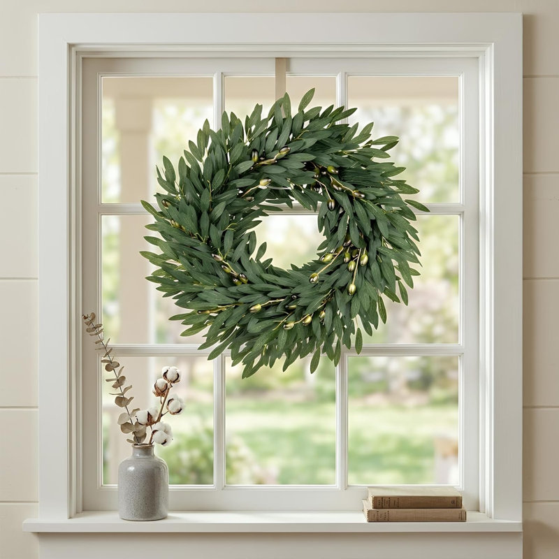 Couronne de 20 po olive pour décoration de porte d'entrée - Couronne de printemps et d'été avec base en fausse vigne - Décoration de porte de campagne rustique