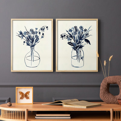 Vase floral indigo I - impression encadrée de qualité supérieure - prêt à être accroché - aucun clou requis - aucun clou requis
