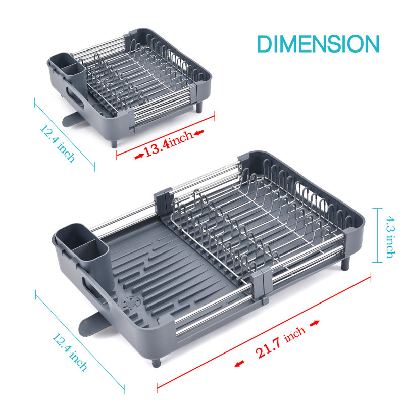 Gray Extendable Stainless Steel Dish Rack with Utensil Cup