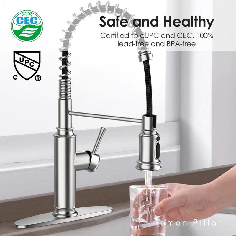 Kitchen Faucet - Spring Kitchen Sink Faucet With 3 Modes Pull Down Sprayer, Single Handle&Deck Plate For 1Or3 Holes, 360° Rotation, Spot Resist Stainless Steel No Lead For RV Bar Home