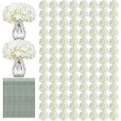 204PCS Hydrangea Artificial Flowers, Silk Artificial Hydrangea Flowers Heads with Stems, Faux White Flowers for Wedding