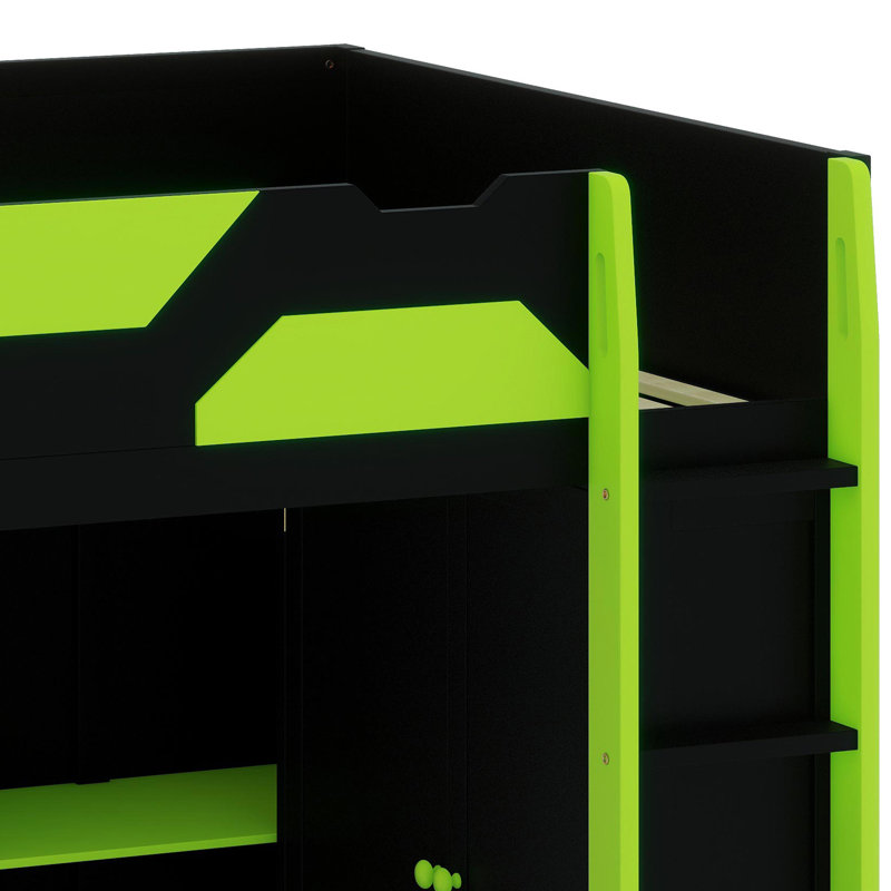 Smart Loft Bed Featuring Built-In Workspace, Organizational Shelves, USB Charging & Customizable RGB Lights, Green
