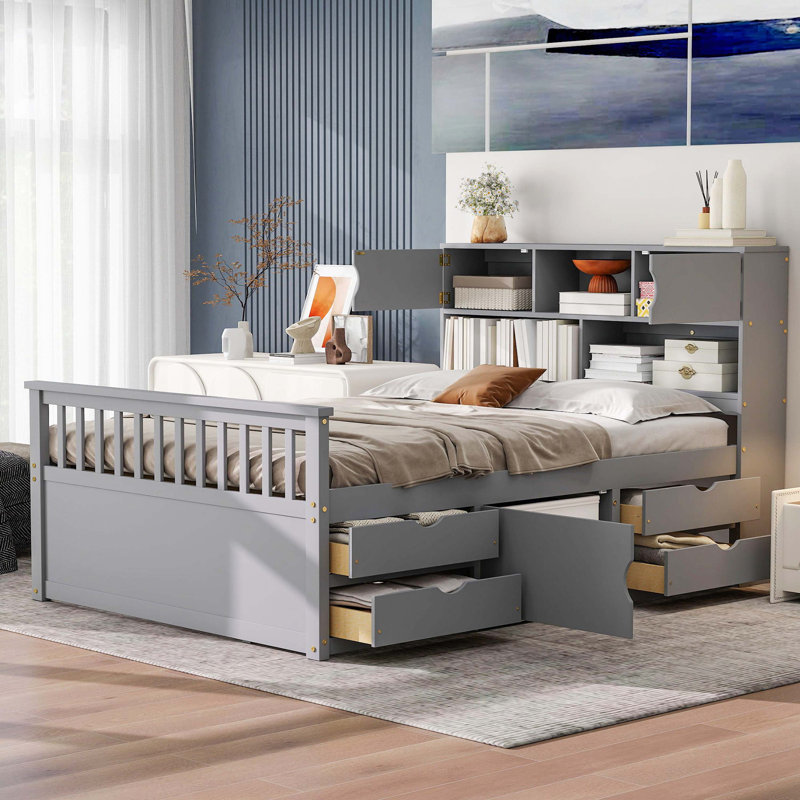 Lit plateforme double pleine grandeur avec rangement intégré pour bibliothèque, tablettes de rangement et quatre tiroirs pratiques, gris