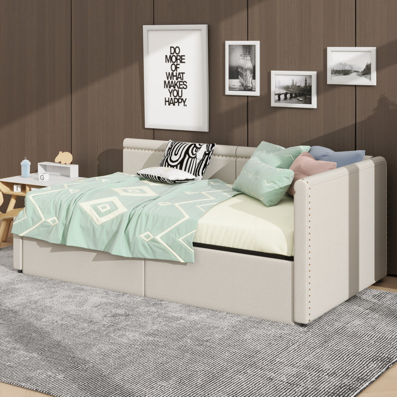 Lit de jour d'angle simple en L peu encombrant, avec tiroirs de rangement escamotables, Beige