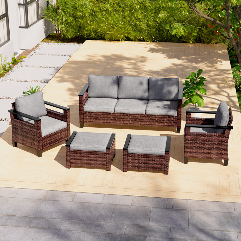 Liljenquist 5 Piece PE Wicker Patio Conversation Set with Ottoman, Linen Gray