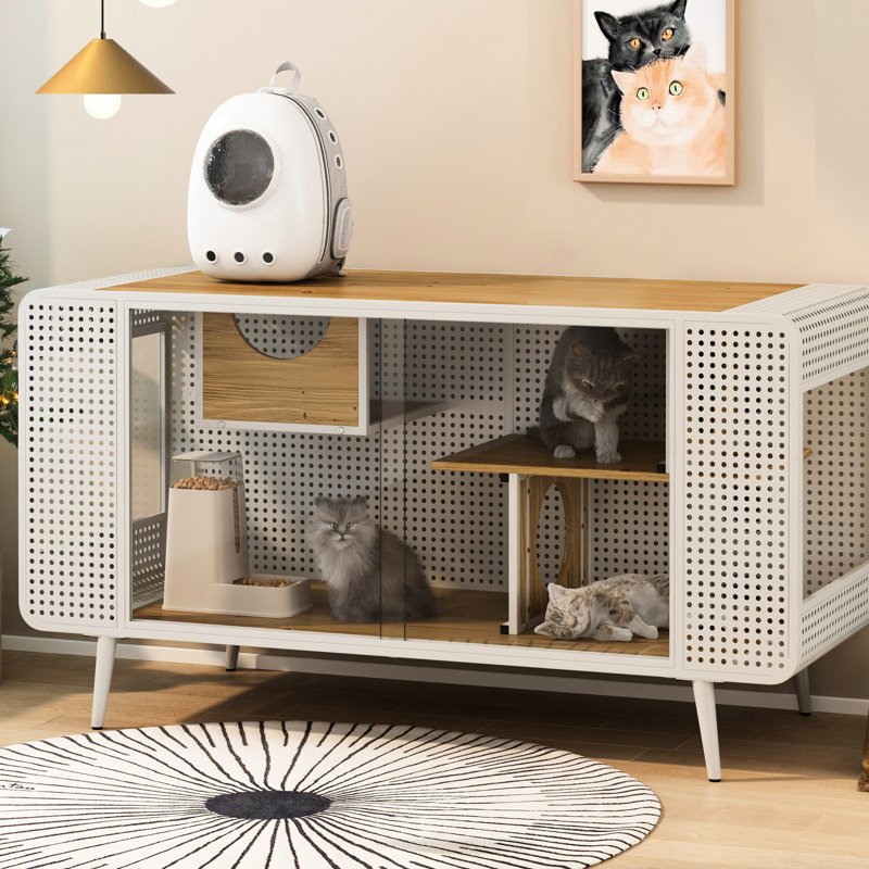 Maison pour chat en verre trempé, blanc - Construit avec du bois de sapin robuste et une structure en fer pour les espaces de vie
