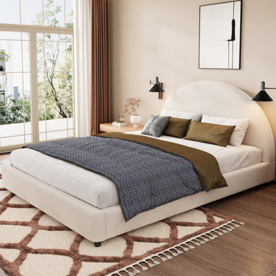 Structure de lit grand format avec tête de lit tapissier ronde arrondie blanche, demi-voûte souple, tête de lit épaisse de 3,8 po pour se détendre, sommier sans sommier, voûte élégante de 40 minutes,
