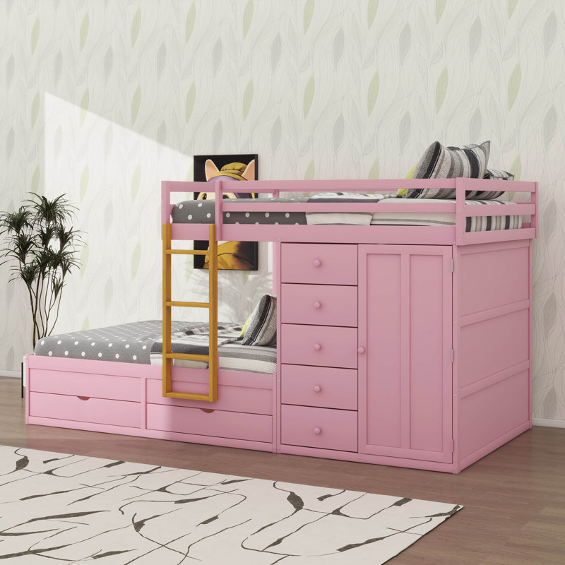 Lit superposé double avec 7 tiroirs de rangement et petite armoire, conception de rangement moderne, Rose Sakura