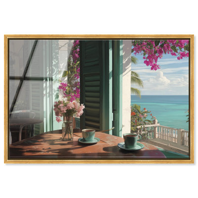 «Morning Coffee Ocean View», reproduction d'art acrylique encadrée par Art Remedy, cadre doré, 54 x 36