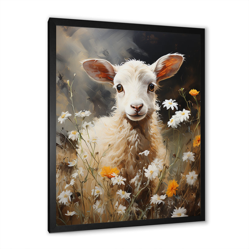 Chèvre blanche, prairie florale I - Chèvre, art mural, Cadre simple noir, H 44 po x l 34 po x P 1,5 po
