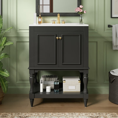 Meuble-lavabo de luxe moderne de 24 po avec lavabo en céramique, meuble de salle de bain avec tablette ouverte et rangement fermé