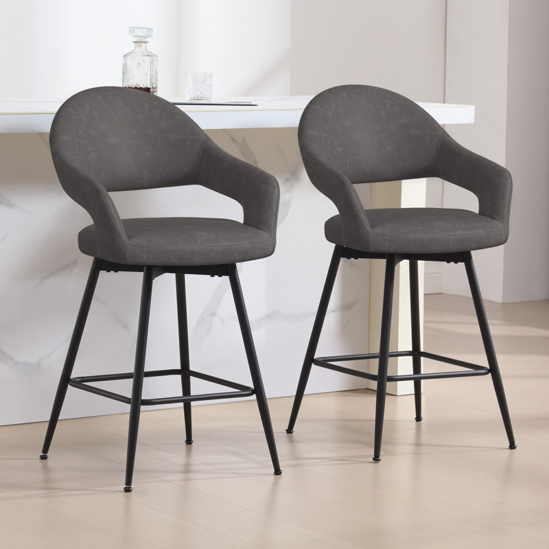 26" Faux Leather Counter Height Swivel Bar Stools, Gray, 2
