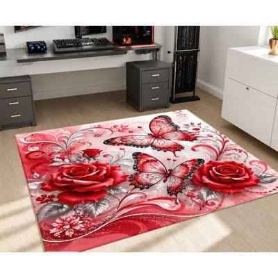 Tapis rouge à motif de papillons roses, motif floral rétro, tapis artistique, tapis antidérapant, décoration intérieure pour le salon, la chambre à coucher, le vestibule, la cuisine, le balcon