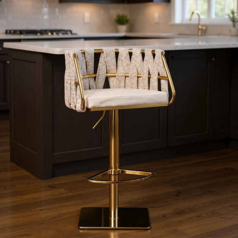 Chaise de bar pivotante à hauteur réglable en faux cuir blanc cassé et lin et acier