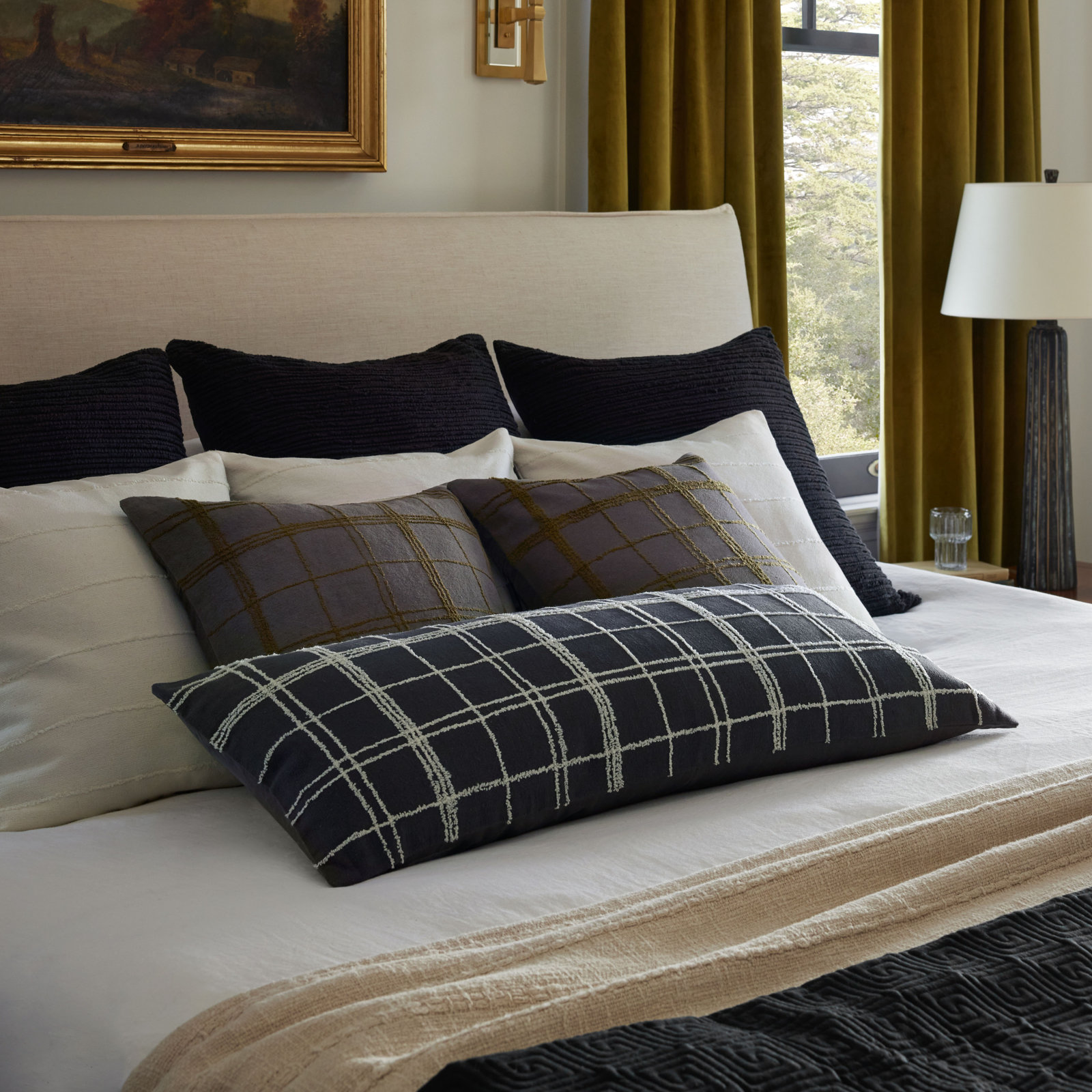 Jean Stoffer x Loloi Edward Charcoal / Olive Pillow, Polyester/Polyfill