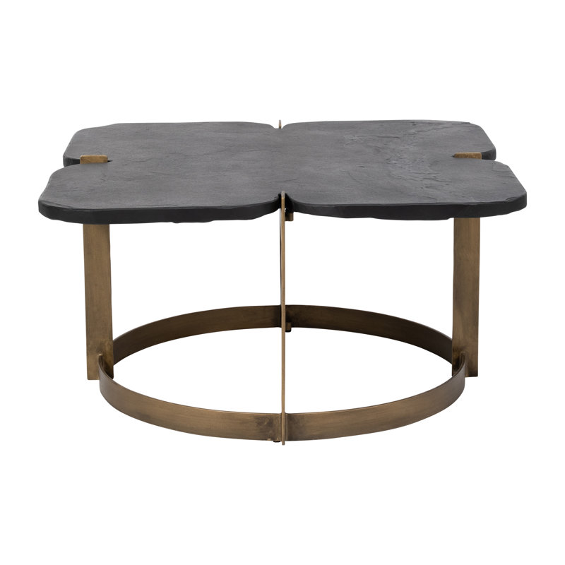 Beccaro Modern Black Stone Coffee Table with Antique Brass Iron Base and Sculpted Four-Leaf Design