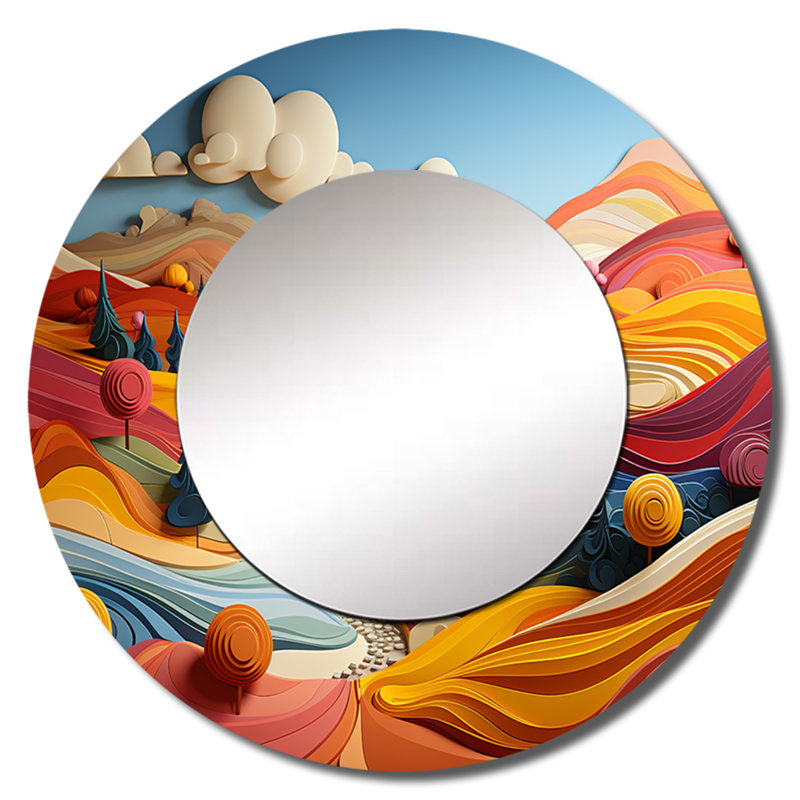 Rondrick Whimsical Fields Of Color Landscape - Countryside Unique Wall Mirror Decor, Yellow Large Round Mirror, Printed Metal Art