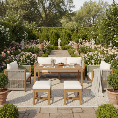 7-seat Acacia Wood Outdoor Sofa Set - 3-seater, 2 Singles, 2 Stools, Dining Table, Rope Armrests