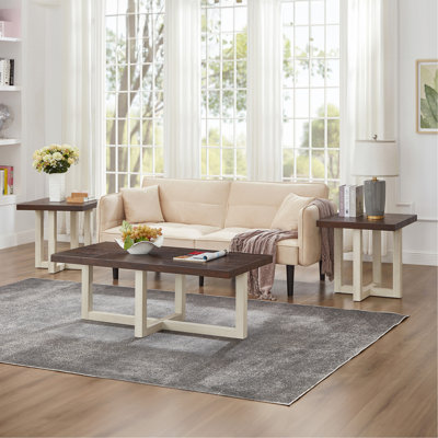 Ensemble de 3 tables basses, tables basses et 2 tables de bout Luno, en noyer et blanc Luno