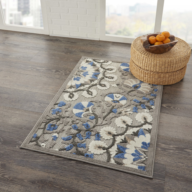 Caragh Floral Gray/Blue Indoor / Outdoor Area Rug, Rectangle 2' x 3'